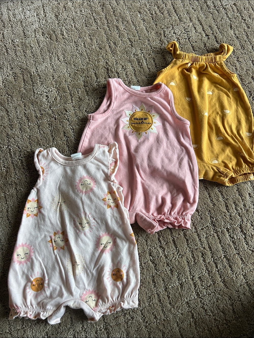 3-Pack Girls' Sun & Cloud Cotton Rompers – Pink, Light Pink, Mustard
